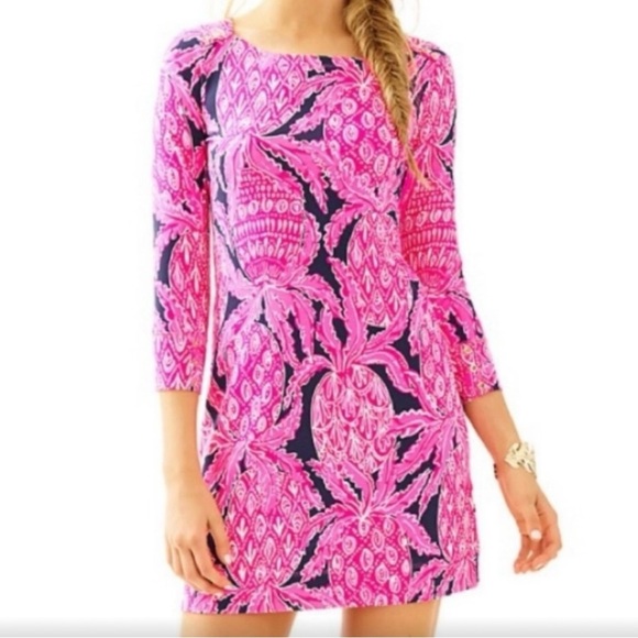 Lilly Pulitzer Sophie Dress 3/4 Sleeves Bright Pink & Navy in Coco Safari Sz Sml - Picture 2 of 15